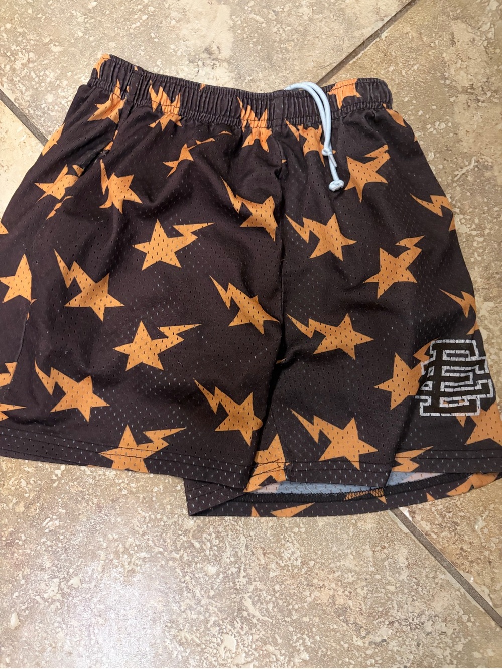 Eric Emanuel Black Shorts with Orange Star & Lightning Print